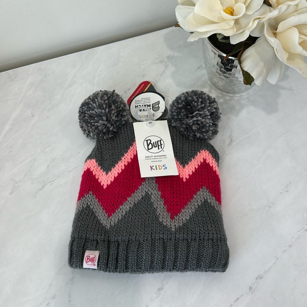 NEW Buff brand Girl’s Winter Hat Knit Outerwear Pompoms Gray Pink